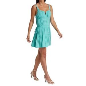 NWT Ramy Brook Margot Teal Tie Waist Tiered Sleeveless Mini Dress Women's Large